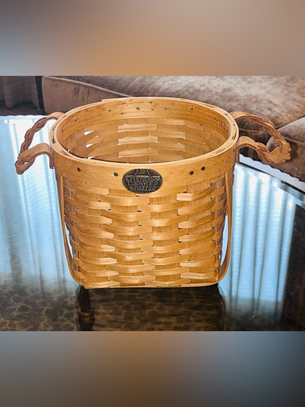 Peterboro Basket Co. round basket Braided leather handles and a brass tag 7”x 6”